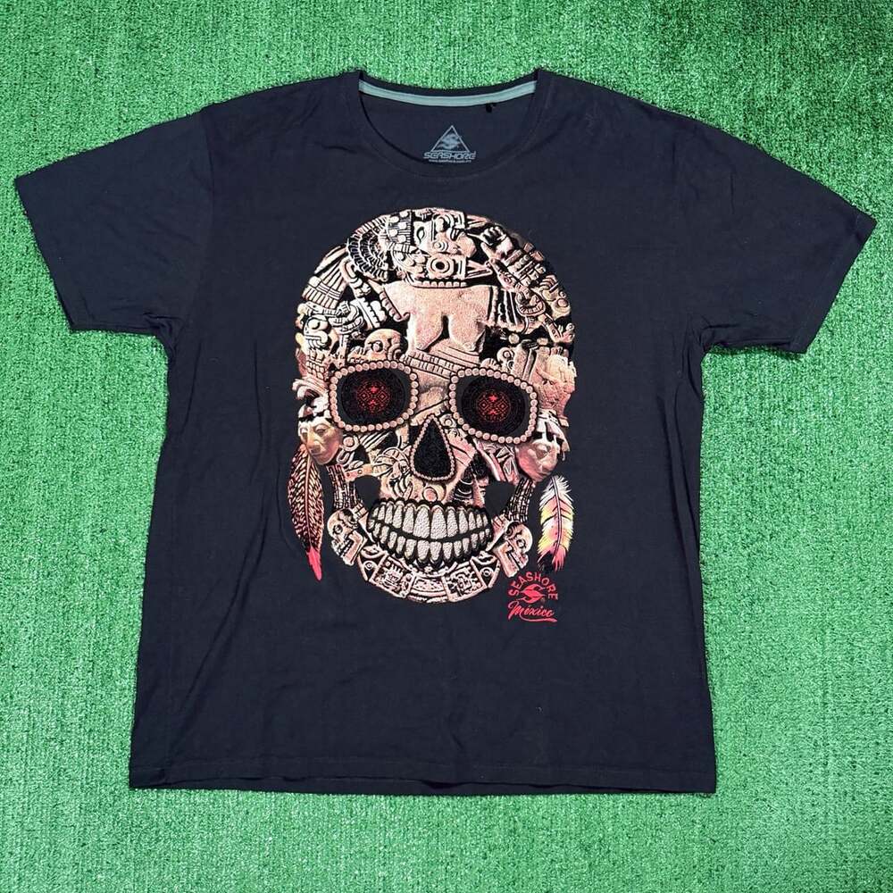 Grunge Seashore Mexico Aztec Skull Graphic T-Shirt Black XL